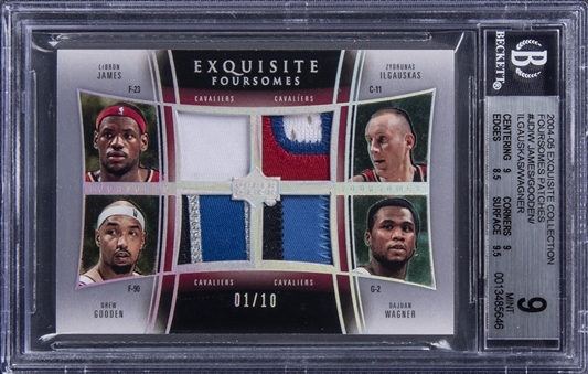2004-05 UD "Exquisite Collection" Exquisite Foursomes #JDIW LeBron James/Dajuan Wagner/Drew Gooden/Zydrunas Ilgauskas Quad Patch Card (#01/10) - BGS MINT 9